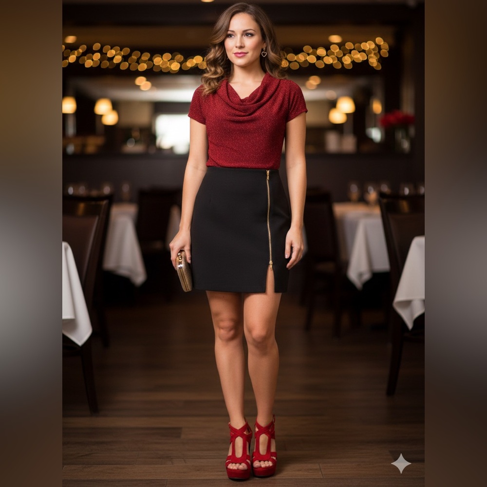 Elegant Red Cowl Neck Short Sleeve Sweater Size PL
